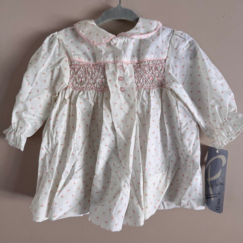 Polly Flinders Hand Smocked Floral Baby Girl Dress Vintage 12 Months NEW